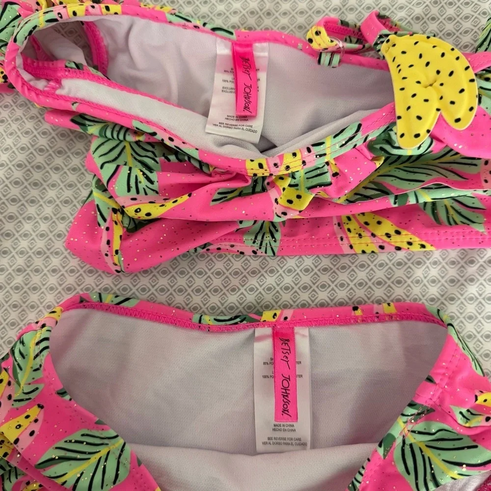 Betsey Johnson Youth Girls Tropical Pink Banana Leaf Two Piece Bikini Size 5